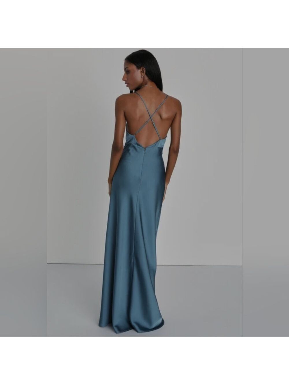 Lulus |  Extraordinary Allure Slate Blue Satin Backless Maxi Dress | Size S - Picture 6 of 7